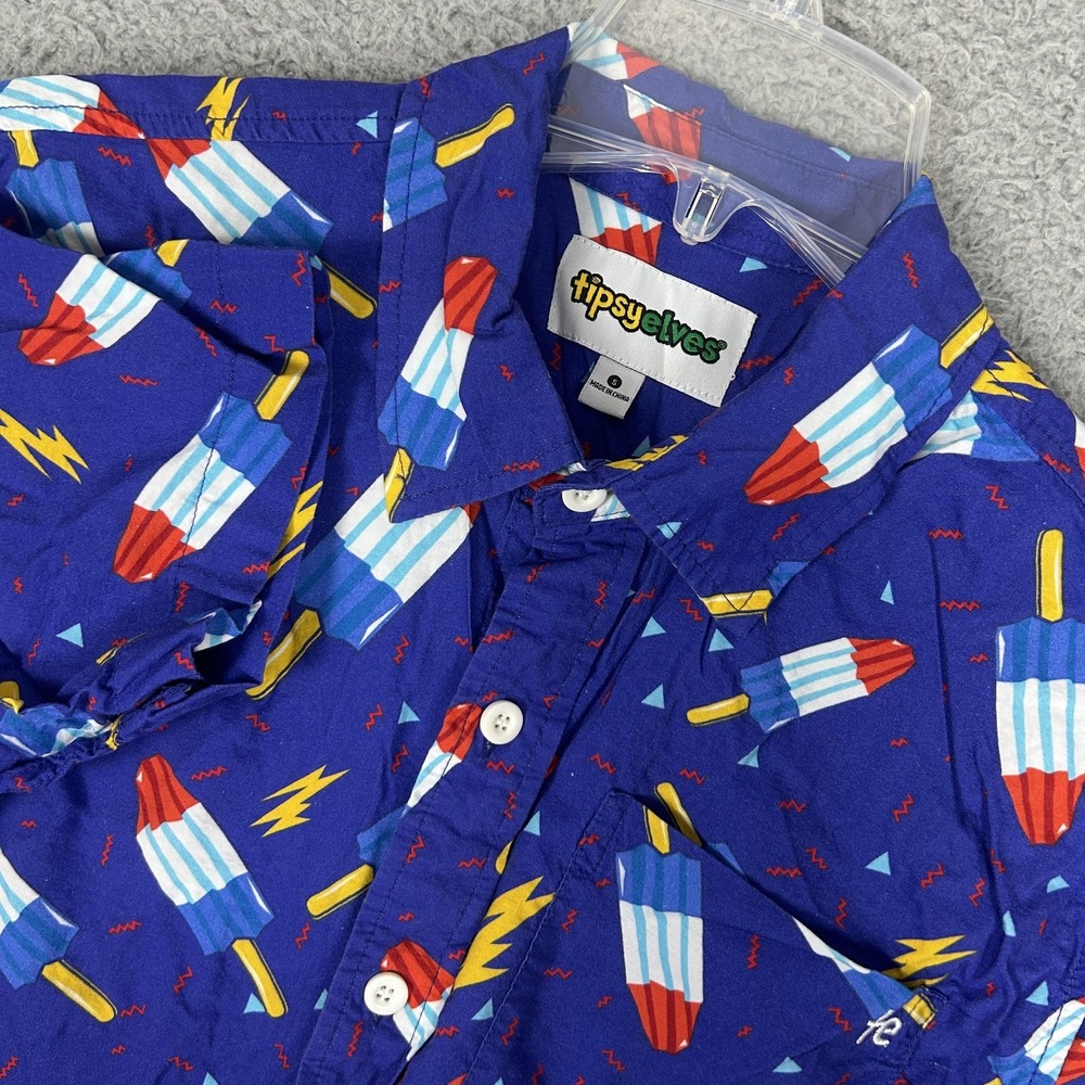 Tipsy Elves Shirt Mens Small Blue Bomb Pop Popsicle Print Short Sleeve Button Up